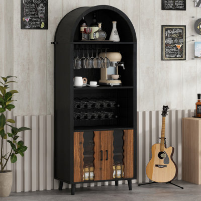 71"Farmhouse Arched Wine Bar Cabinet: Tall Arched Display Cabinet , Arch Cabinets &Coffee Bar, Whiskey Station With Wine Rack And Wine Glass Holder -