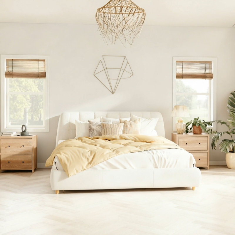 Structure de lit tapissier grand format moderne avec tissu en lin et pieds en bois massif, parfaite pour le confort et le style dans n'importe quelle chambre à coucher.