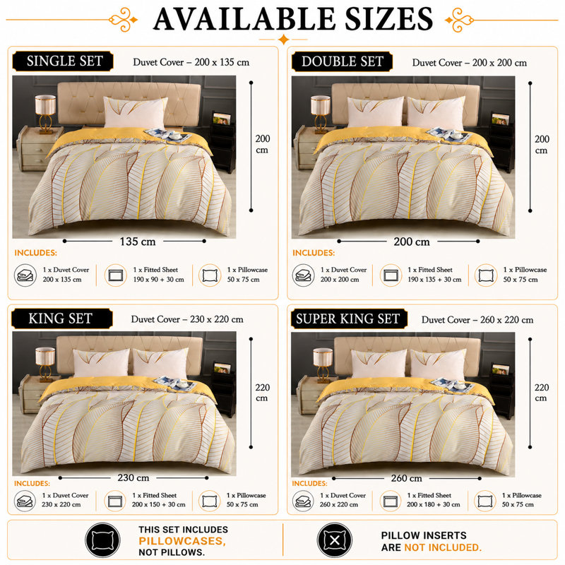 Complete Bedding Set Bliss Gold Leaves Duvet Cover, Matching Fitted Sheet & Pillowcases, King