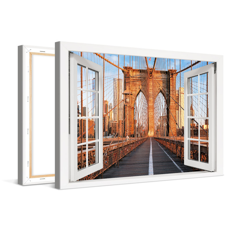 New York Brooklyn Bridge Window - Wrapped Canvas Print, 80cm H x 120cm W x 2cm D