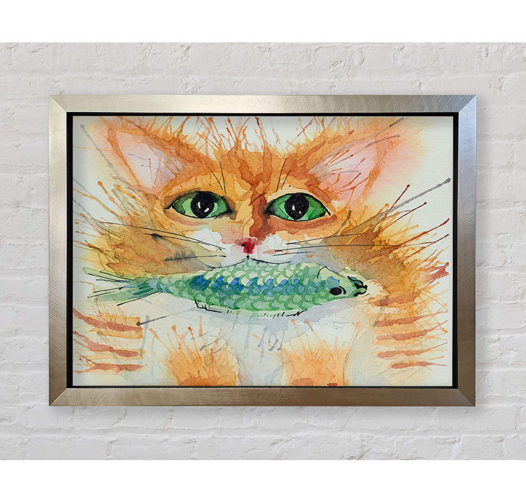 Aquarell Katze mit Fisch - Einzelner Bilderrahmen Kunstdrucke