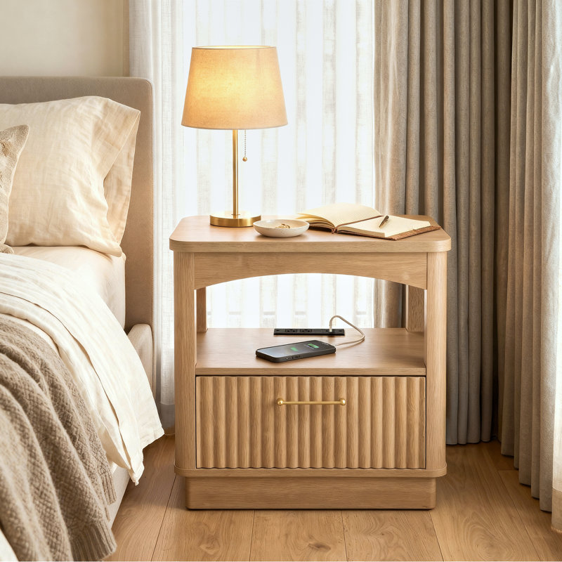 23.6" W Mid-Century Modern Nightstand with 1 Drawer and Built-In Charging Station, Bedside Table for Bed, Sofa, Natural Wood Finish