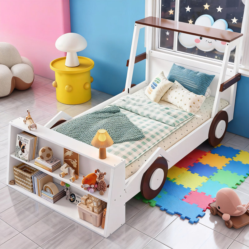 Lit voiture simple avec tablettes de rangement, Brun / Blanc