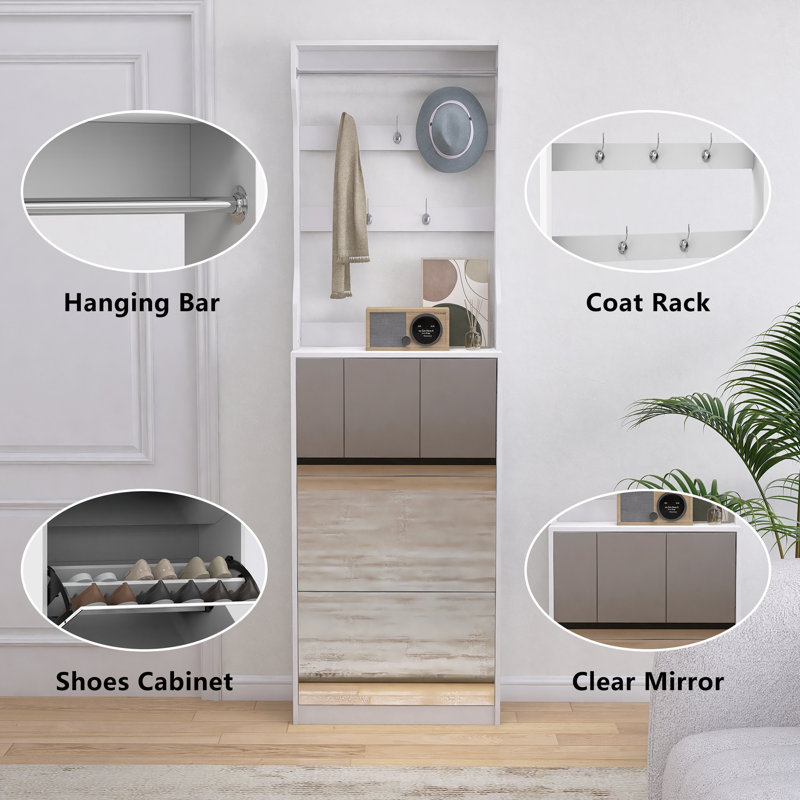 Tall Mirror Shoe Cabinet with 3 Flip-Drawers, Hooks & Hanging Rod - Space-Saving Entryway Storage
