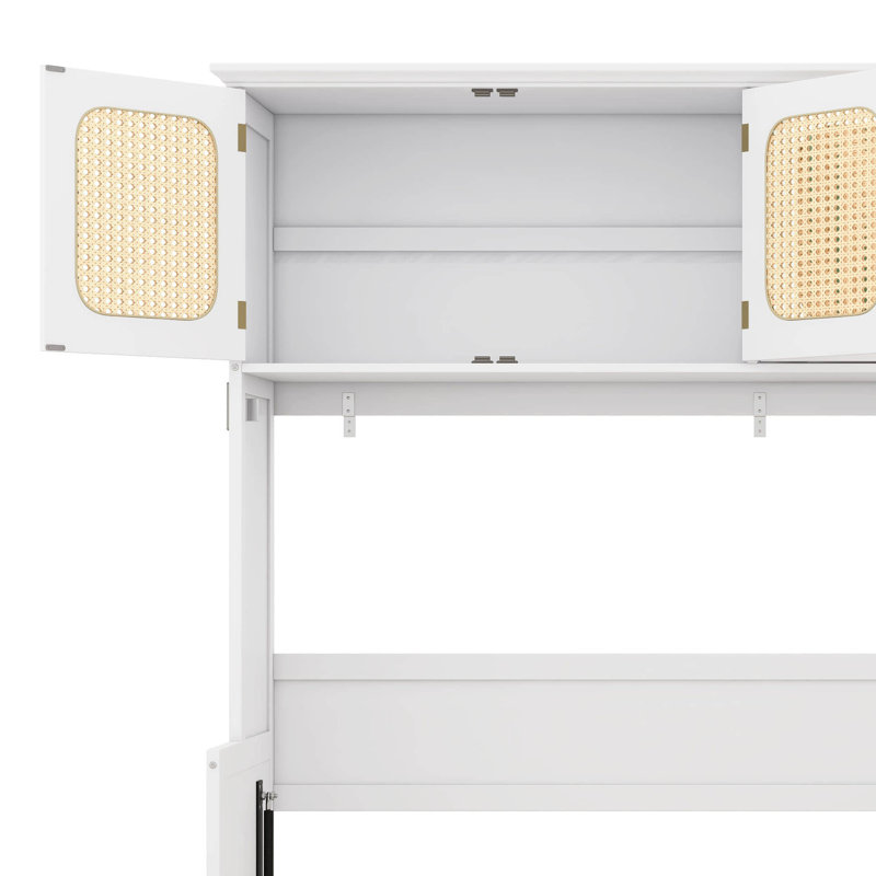 Lit escamotable horizontal avec bureau, lit escamotable en bois avec armoires en rotin, lit escamotable peu encombrant