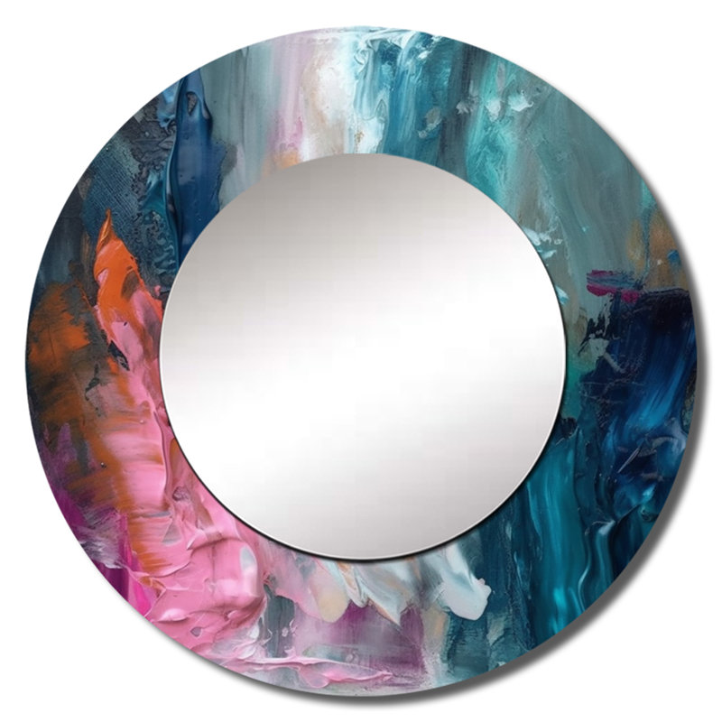 Abstrait moderne bleu et rose - grand miroir mural abstrait, miroir décoratif rond bleu, impression d'art en métal