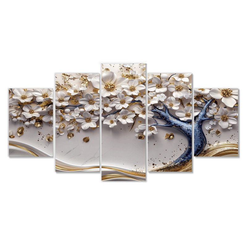 «White and Blue Cherry Blossom Garden of Branches III», ensemble d'art mural cerisier en fleurs