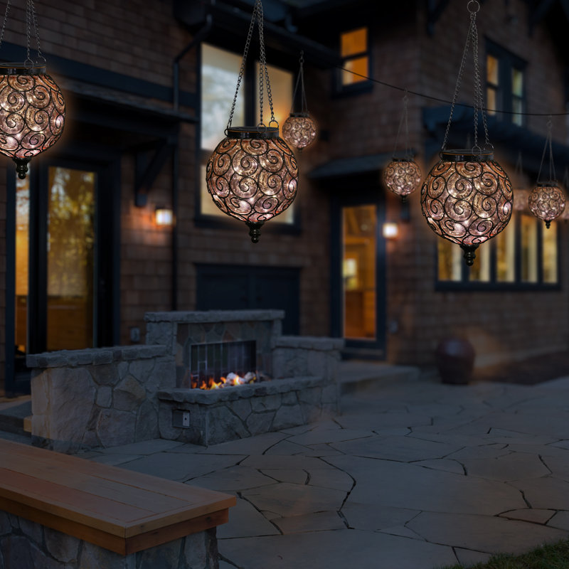 Exhart Solar Round Glass and Metal Hanging Lantern with 15 Cool White LED Firefly String Lights, 7 by 21", Amber