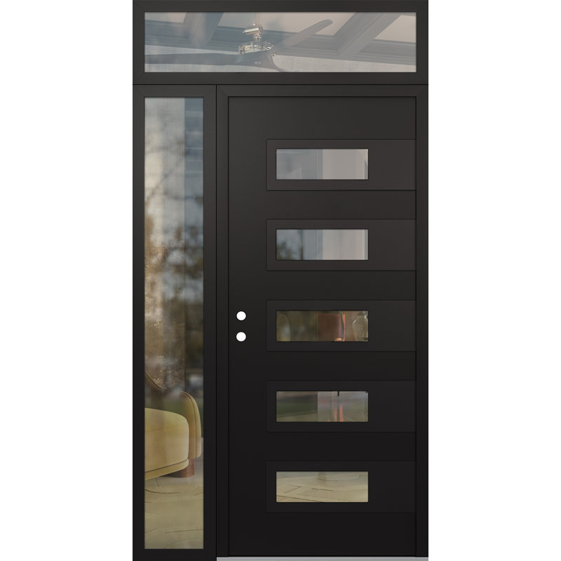 D3 Droite 48 po x 96 po Panneau noir acier noir et verre transparent noir avec porte d'entrée avant en verre transparent Sidelite et Transom