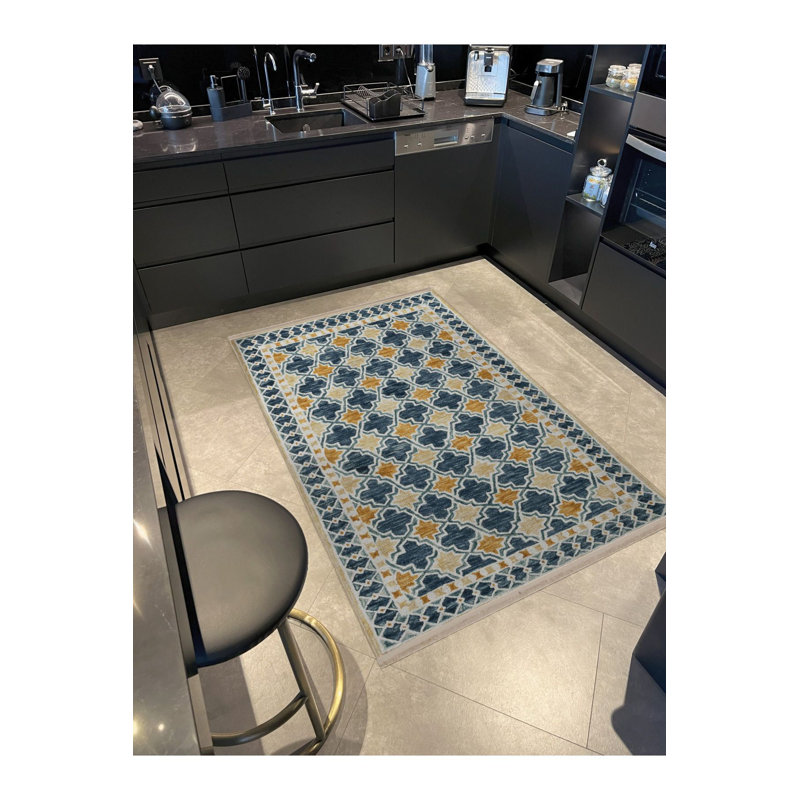 Tapis bleu lavable décoratif à motif géométrique bleu, Sous-tapis rectangulaire 2 pi 4 po x 3 pi 11 po