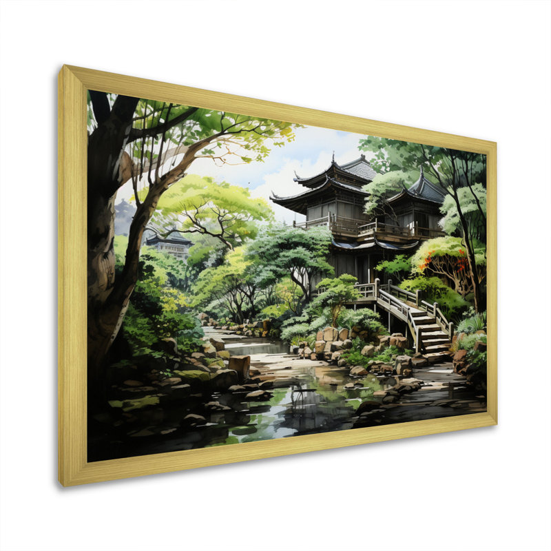 «Japon Zen Garden Serenity I», reproduction sur toile, Cadre doré simple, H 16 po x l 32 po x P 1 po