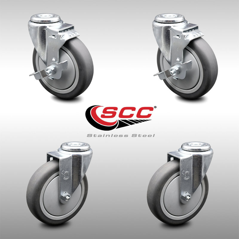 SS Thermoplastic Rubber Wheel Swivel Bolt Hole Caster Set with 2 Brake
