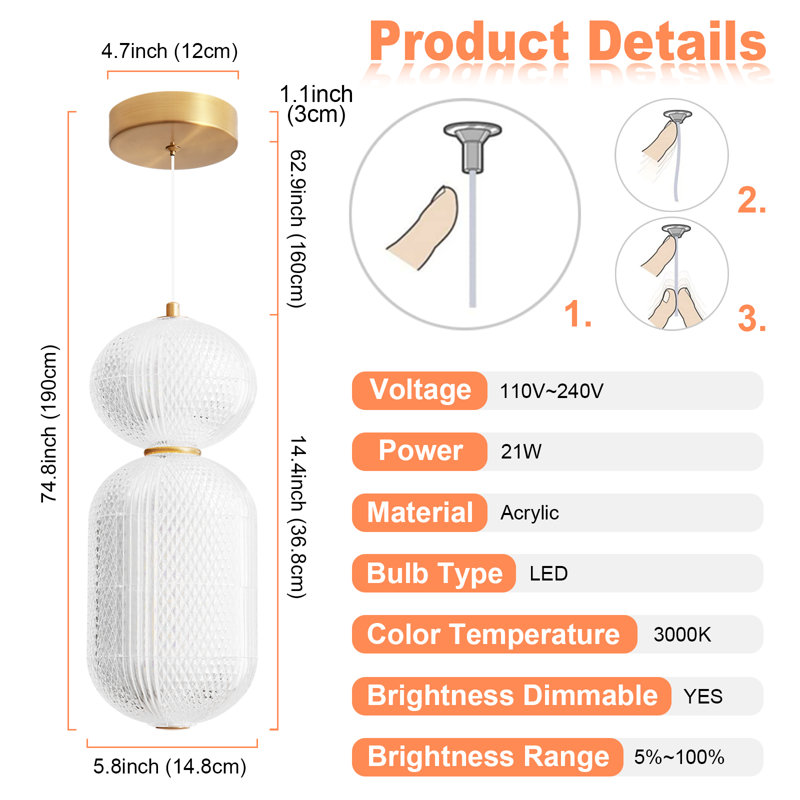 Luminaire suspendu moderne moderne à intensité variable avec abat-jour en acrylique