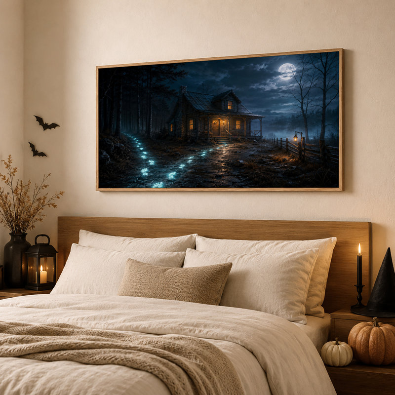 Cabane en rondins au clair de lune avec empreintes de pas bleues lumineuses - Toile murale d'Halloween, L 58 po x H 28 po