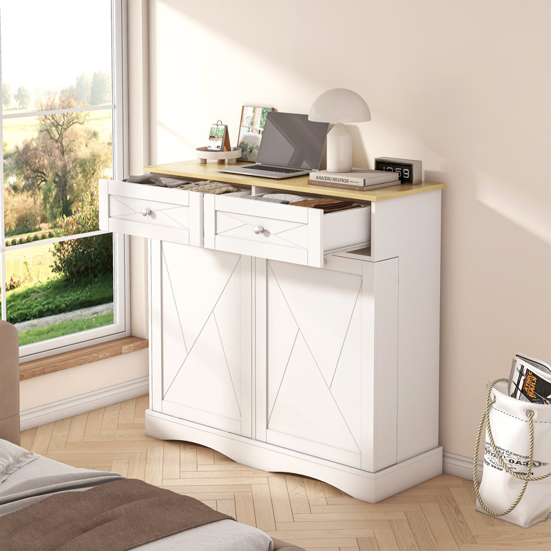 Armoire à poubelle inclinable, armoire à poubelle de cuisine avec poubelles de 12 gallons, garde-manger recyclable caché en bois pour la cuisine et le salon blanc, portes doubles
