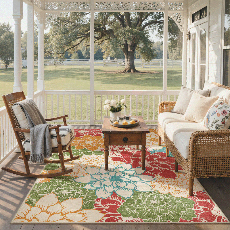 Modern Dahlia Floral Weather Resistant Indoor / Outdoor Cushioned Area Rug, Rectangle 6' x 9'