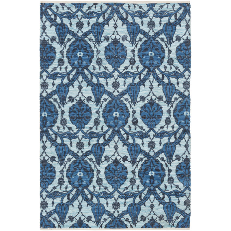 Tapis bleu en coton tissé à la main Detwiler Ikat, Rectangle 8 pi x 11 pi