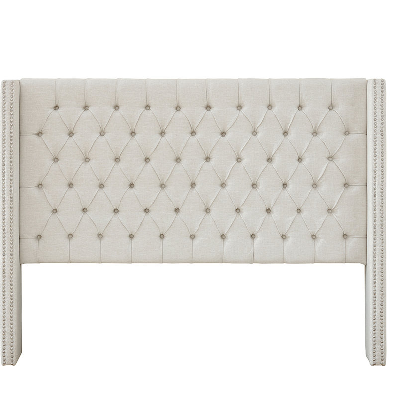 Button Upholstered Headboard, Double Nailhead Trim, Adjustable Legs, Queen Size, Cream Upholstery Headboard With Tufting, Upholstery, Sized