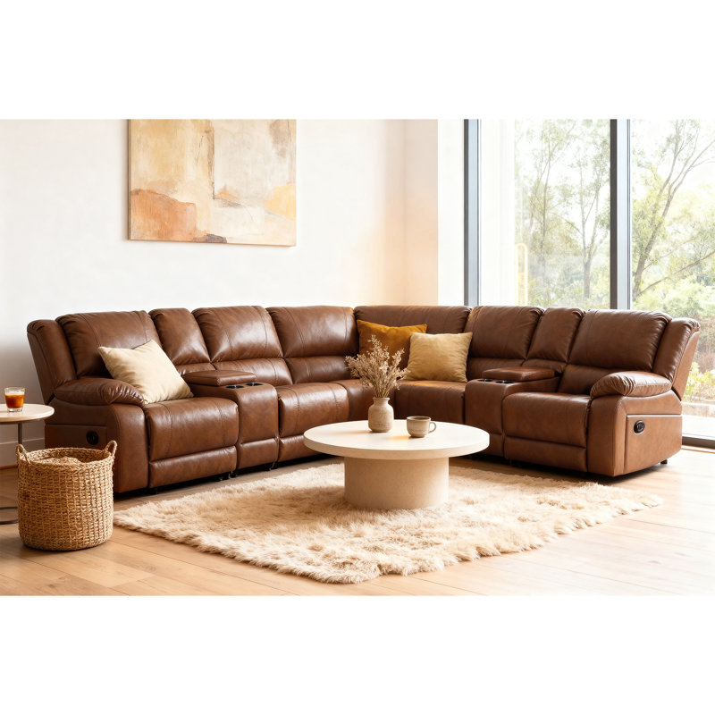 7-Piece, Wynyard 109" Wide Faux Leather Reversible Reclining Sectional Sofa, Light Brown Faux Leather