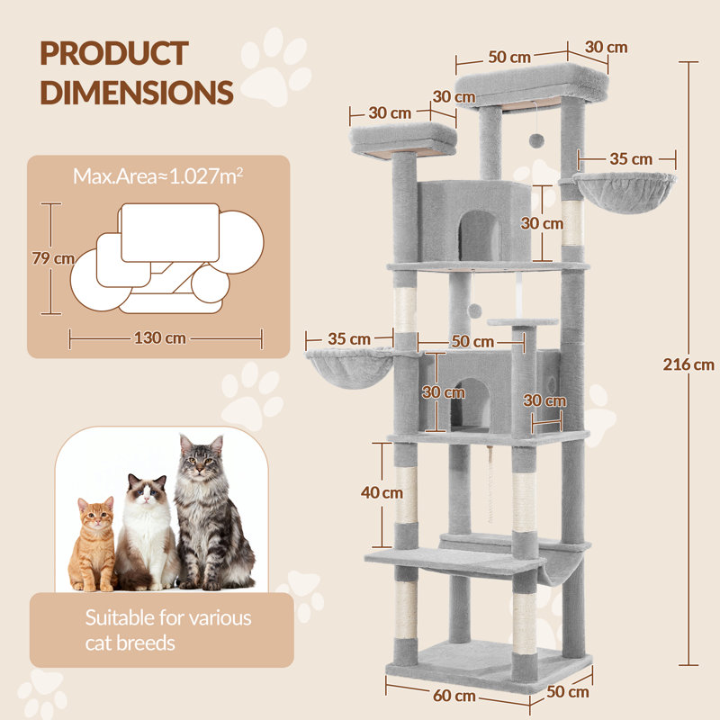 Cat Tree, 60 x 50 x 216 cm, Light Grey