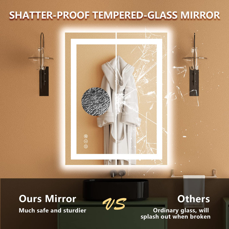 Akilan Frameless LED Vanity Mirror with Front-lit and Back-lit, Memory Function, 3 Color Temperatures & Dimmable Light, Anti-fog Tempered Glass ETL Mirror