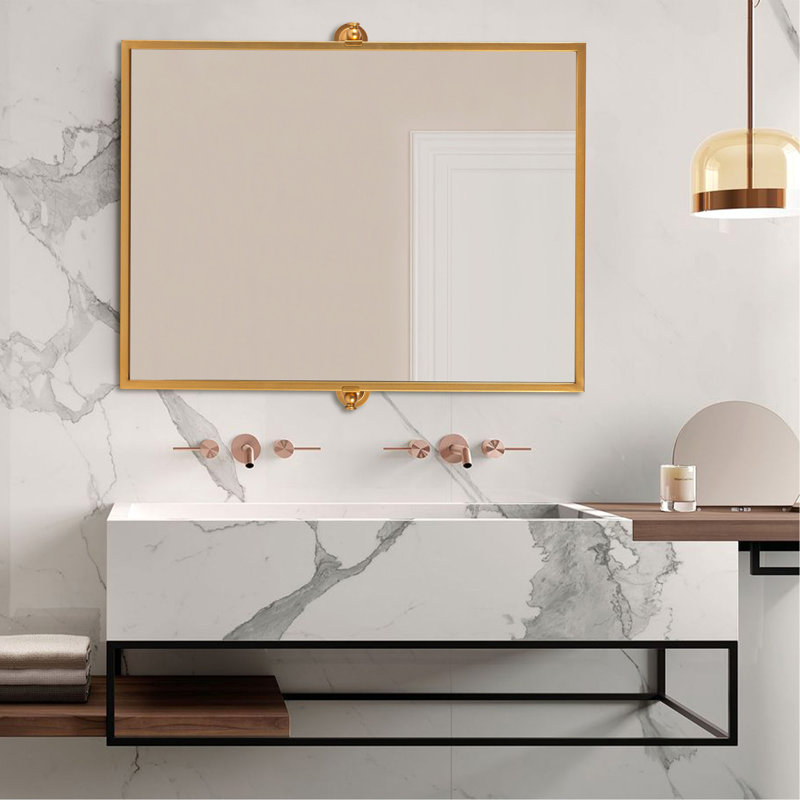 Miroir de salle de bain rotatif polyvalent avec cadre exquis et sécurité, Doré