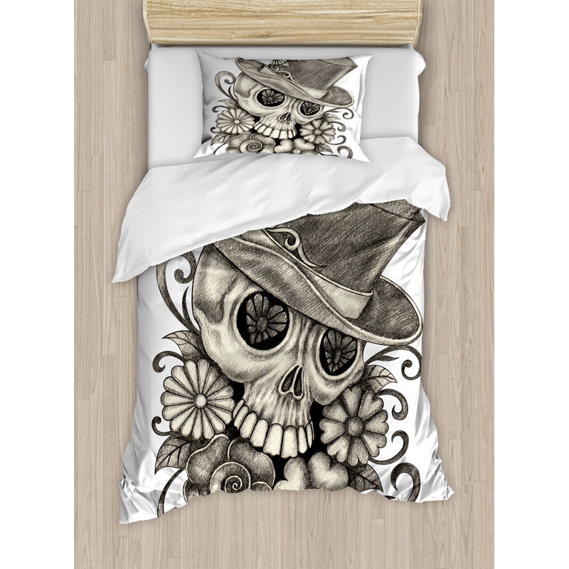 Twin Gray and White Skull Duvet Cover Set