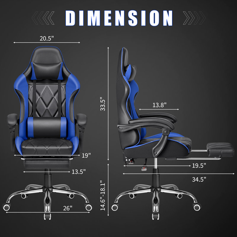 Fauteuil de jeu de course et de course inclinable, réglable et ergonomique en similicuir avec repose-pieds, Bleu