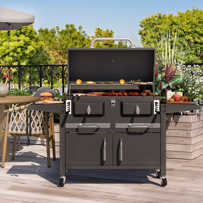 Barbecue au charbon 37,8 po à deux zones avec plateaux à charbon réglables et 2 tables d'appoint pliables