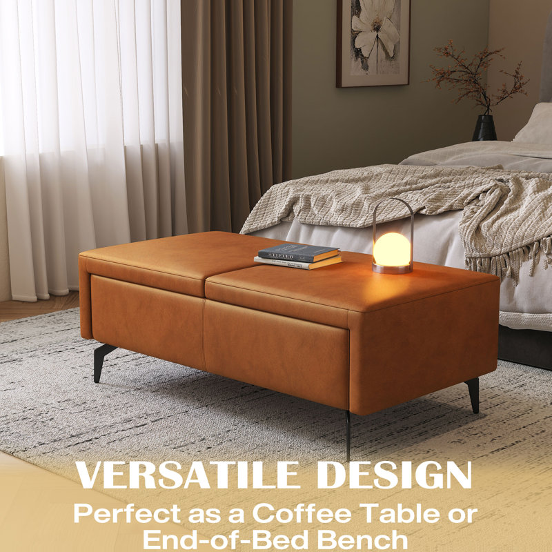 Repose-pieds brun clair en similicuir avec rangement, Similicuir brun clair, 17.72" H x 47.2" W x 24.4" D