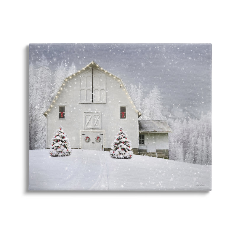 Blanc, hiver, champ de neige, grange, paysage de Noël confortable, estampe numérique encadrée noire, art texturé par Lori Deiter