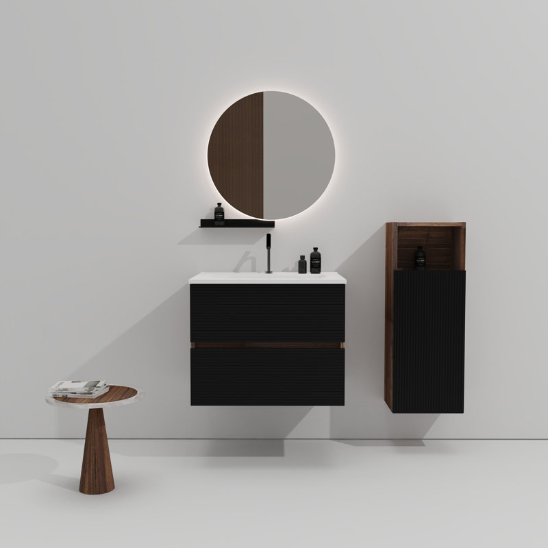 Meuble-lavabo mural noir et noyer doux Gloria