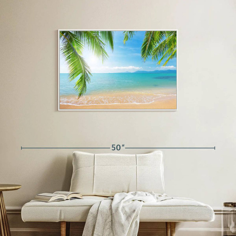 Cocotiers et plage, Cadre flottant blanc, 37 po x 25 po