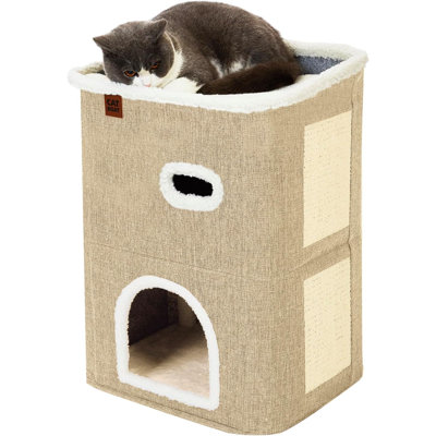 Maison de chat à 2 étages pour chats d'intérieur, lits couverts et meubles avec bloc-notes et grotte cachée, joli condo moderne pour plusieurs petits animaux de compagnie, chaton, chaton, brun