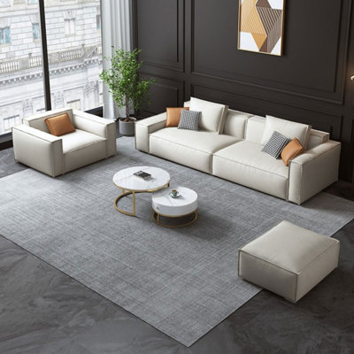 Ensemble de salon 3 pièces en cuir véritable blanc crème