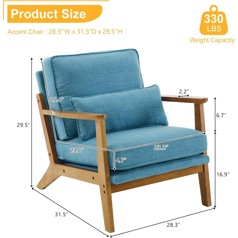 Fauteuil d'appoint Mid-Century avec accoudoirs lombaires Bruce, Lin cyan bleu