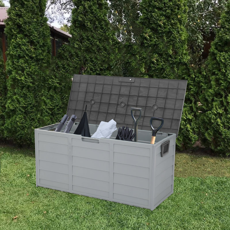 Coffre de terrasse en plastique avec roulettes 75 gallons Winado, Gris foncé / Gris