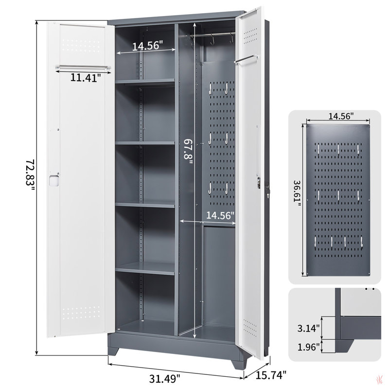 Armoires de rangement en métal, armoire à outils de nettoyage avec porte verrouillable, grand porte-outils à balais et rangement, grande armoire de rangement pour cuisine, garde-manger, bureau, magasin