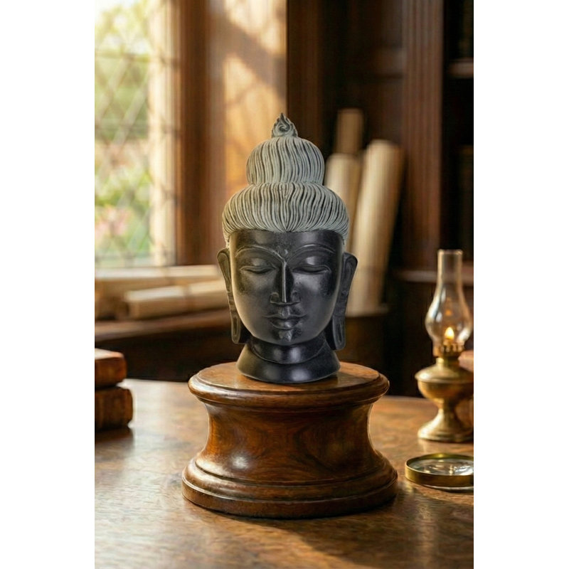 6" Buddha Head Stone Statue, Hand-Carved Mahabalipuram Sculpture for Zen Meditation Decor