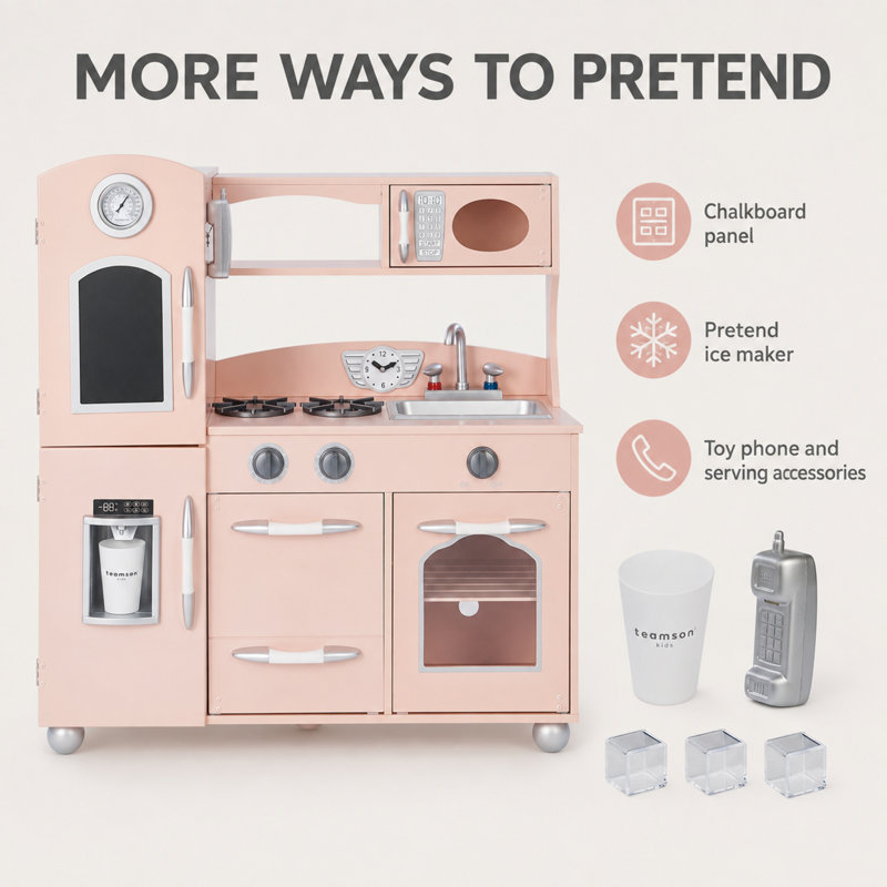 Teamson Kids Retro Wooden Play Kitchen with Chalkboard, Pretend Icemaker & Accessories, Pink