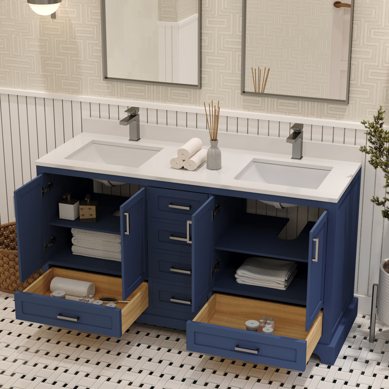 Meuble-lavabo double autoportant 60 po avec plateau en quartz blanc Maya, Bleu marine