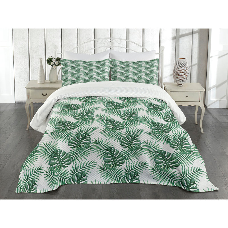 King White and Green Polyester Leaf Bedspread Set