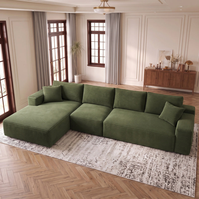 Canapé modulaire 135,4 po pour salon modulaire en L en velours côtelé rembourré à compression, Velours côtelé vert
