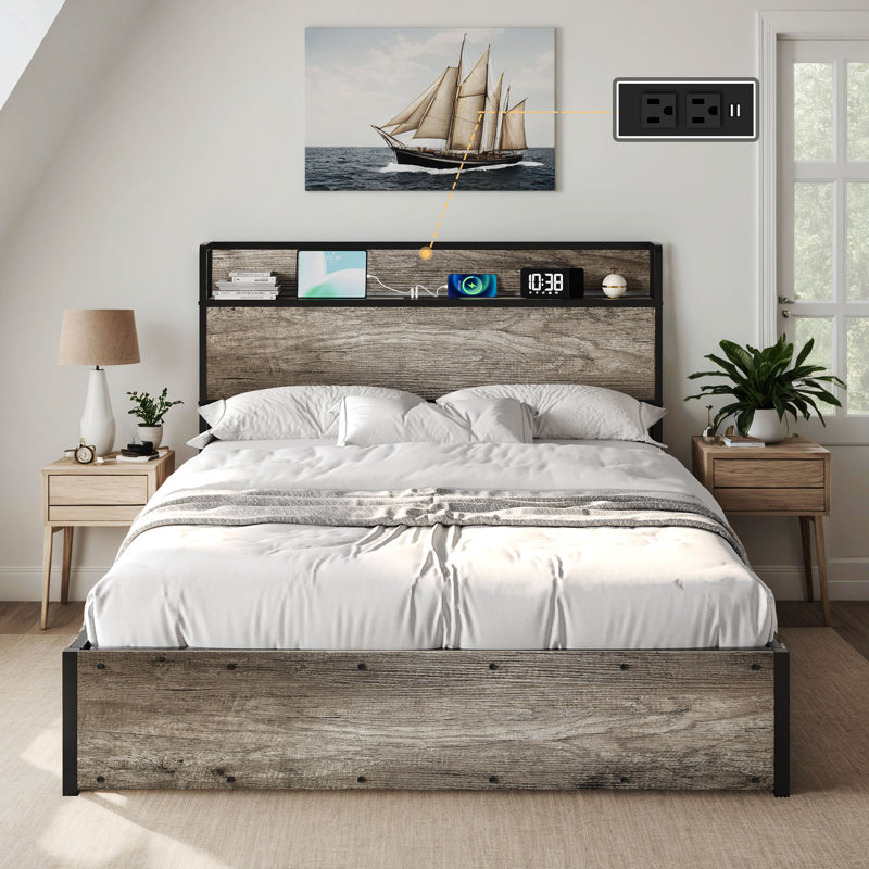 Structure de lit grand avec rangement Tryston, gris rustique, Gris rustique, Grand lit