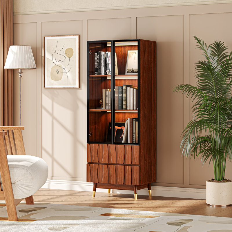Vaisselier de 62,9 po de hauteur avec portes en verre et 2 tiroirs, bibliothèque de style Mid-Century en bois avec bibliothèque à DEL avec lumière sans fil et tablette à 3 niveaux pour la salle à manger