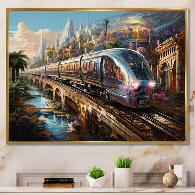 Abstract Colourful Train From The Future - Transportation Canvas Wall Art, Cadre flottant doré, H 16 po x l 32 po x P 1 po