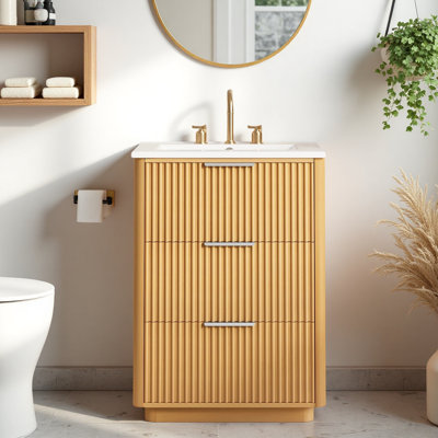 Meuble-lavabo de luxe moderne 24 po avec lavabo en céramique, 3 tiroirs, unité de lavabo à texture verticale rainurée