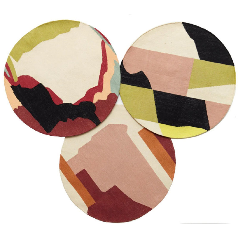 Round Waves Abstract Flatweave Cotton Area Rug in Yellow/Pink, Round 7'