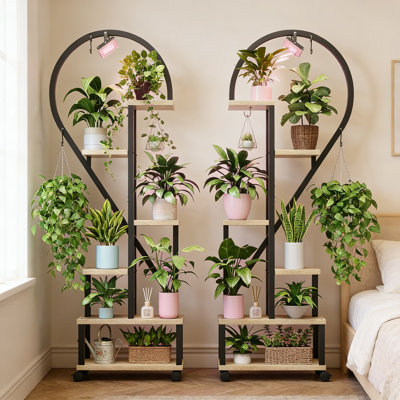 Support à plantes à 6 niveaux avec lumières de croissance réglables, tablette en forme de demi-cœur en métal avec roues pour plantes d'intérieur, présentoir de patio ou de balcon