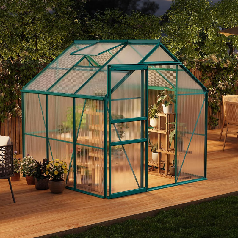6x6 Ft Polycarbonate Greenhouse with Durable Aluminum Frame, Sliding Door and Adjustable Roof Vent for Backyard Gardens and Patio Spaces
